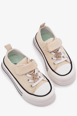 Discount Dziewczęce Trampki Ze Złotą Przypinką Miś Beżowe Solena Dzieci Dziewczęce|Back To School