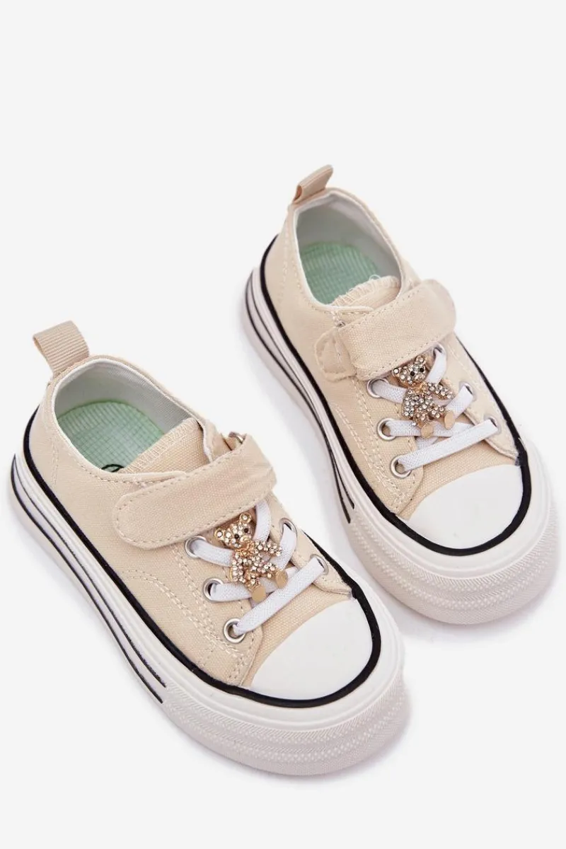 Discount Dziewczęce Trampki Ze Złotą Przypinką Miś Beżowe Solena Dzieci Dziewczęce|Back To School