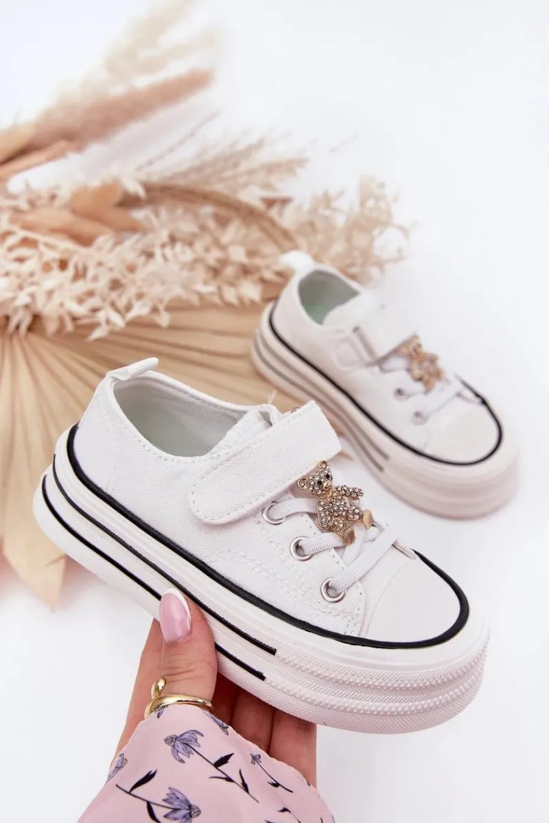 Boto Dziewczęce Trampki Ze Złotą Przypinką Miś Białe Solena Biały