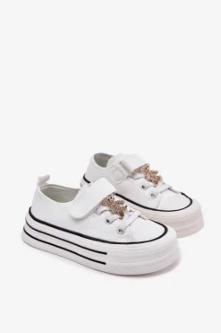 Boto Dziewczęce Trampki Ze Złotą Przypinką Miś Białe Solena Biały