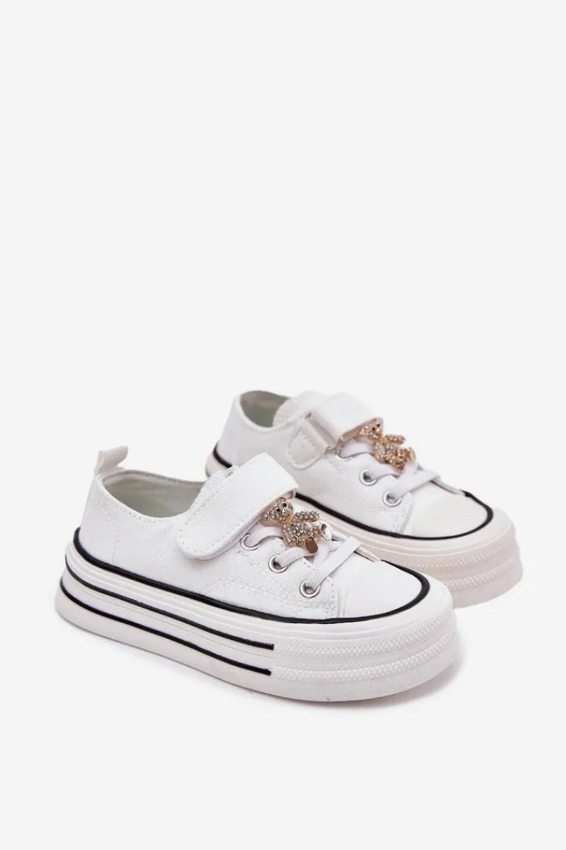 Boto Dziewczęce Trampki Ze Złotą Przypinką Miś Białe Solena Biały