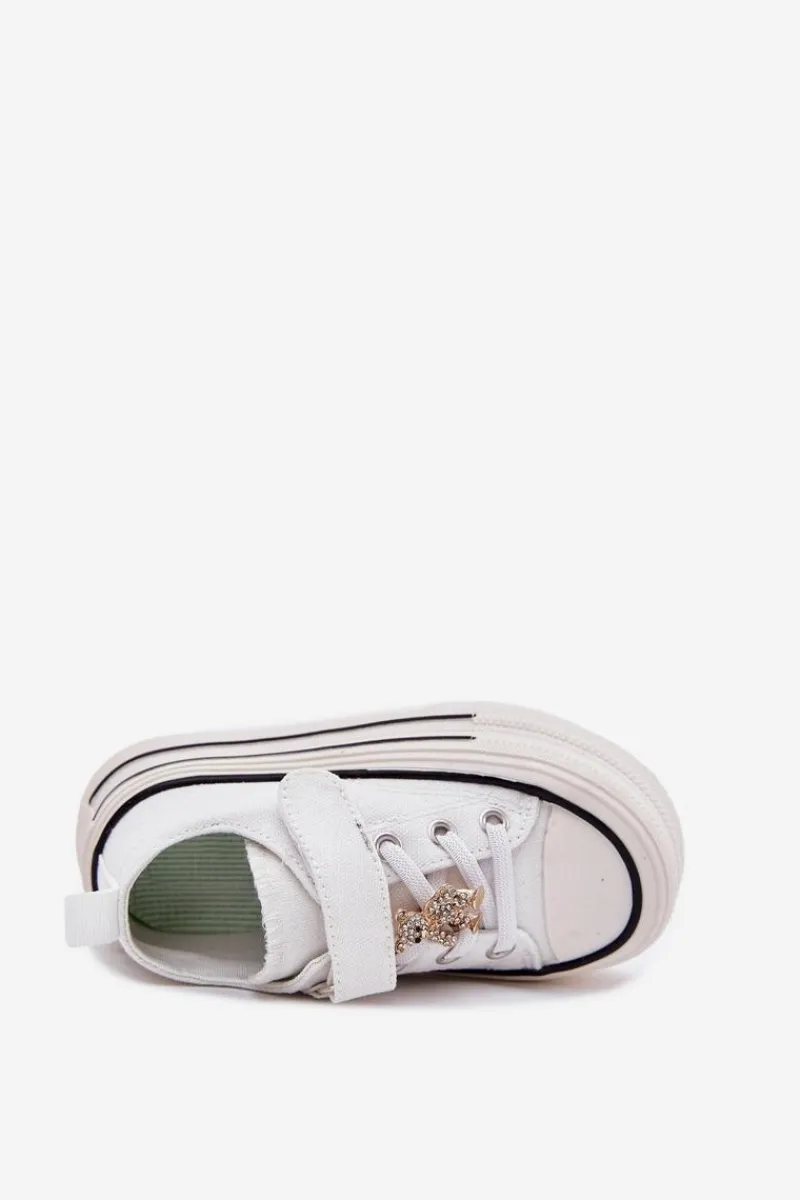 Boto Dziewczęce Trampki Ze Złotą Przypinką Miś Białe Solena Biały