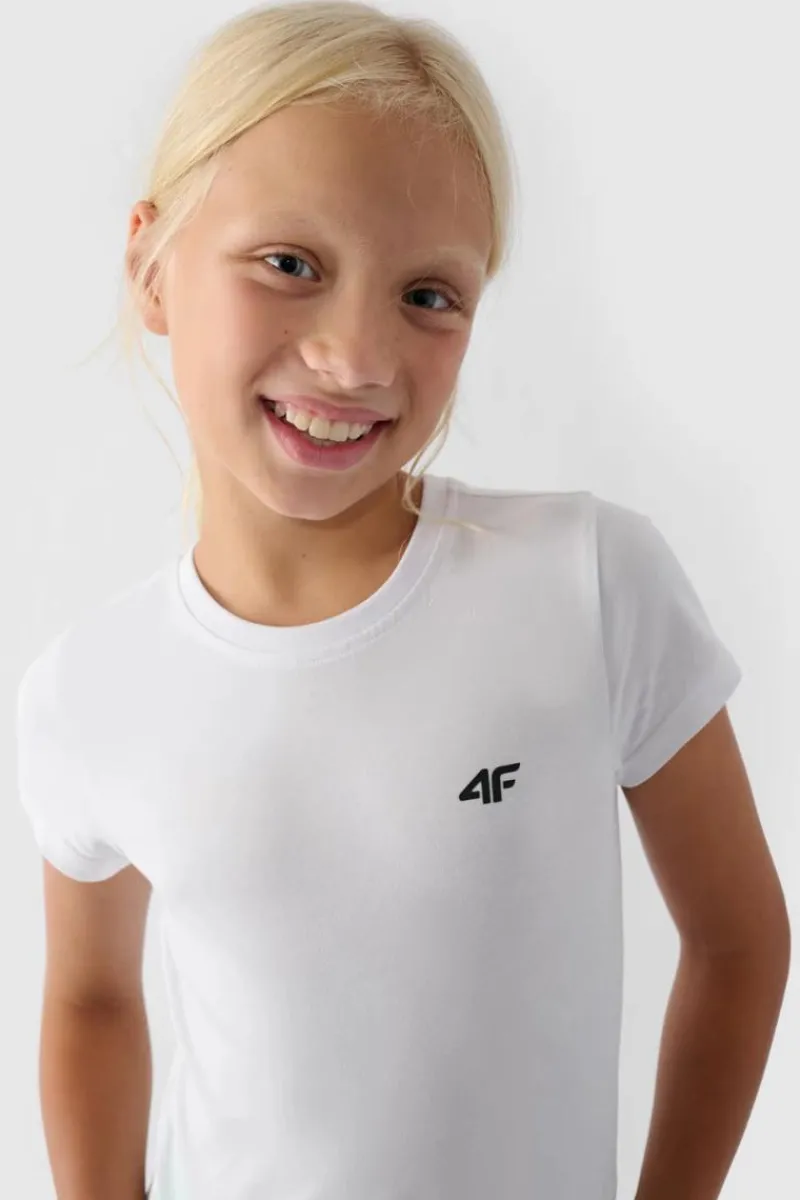 Online Dziewczęcy T-shirt Gładki Bawełniany Biały JWMM00TTSHF1658-10S Dzieci T-Shirty Dziecięce|Odzież 4F