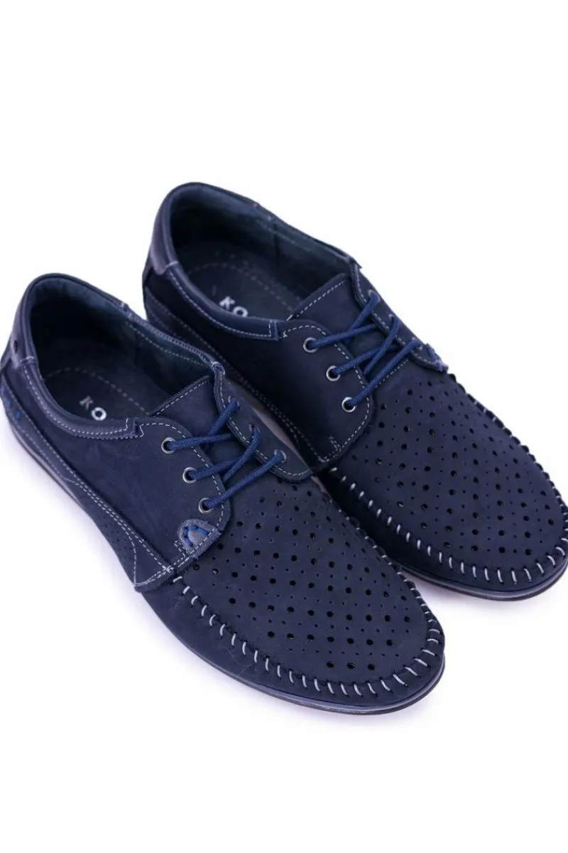 Discount Dziurkowane Skórzane Mokasyny Granatowe Półbuty Mortego Męskie Mokasyny Sznurowane