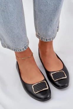 Baleriny Skórzane|Baleriny Klasyczne></noscript>Boto Eko Skórzane Baleriny Z Ozdobą Czarne Tulnelia Czarny