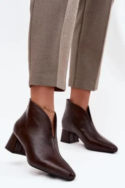 New Boto Eko Skórzane Botki Damskie Na Obcasie Czekoladowe Rylina