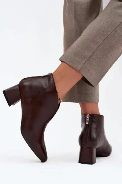 New Boto Eko Skórzane Botki Damskie Na Obcasie Czekoladowe Rylina
