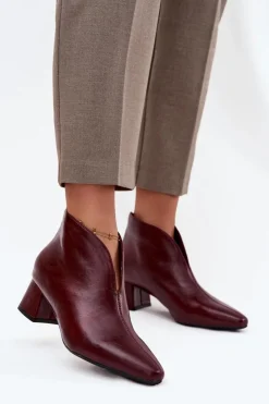 Botki Na Słupku|Botki Na Obcasie>Boto Eko Skórzane Botki Damskie Na Obcasie Bordowe Rylina