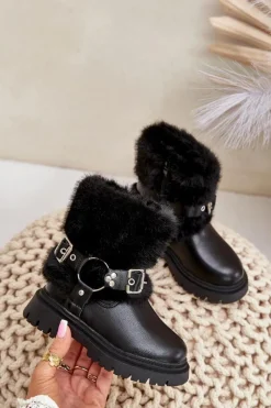 Dziewczęce>Boto Eko Skórzane Botki Dziewczęce Z Futerkiem I Klamrami Czarne Cartemes Czarny