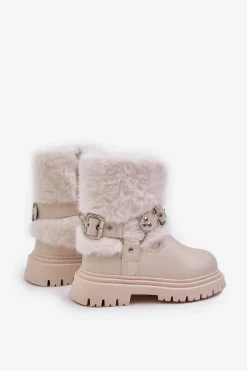 Outlet Boto Eko Skórzane Botki Dziewczęce Z Futerkiem I Klamrami Beżowe Cartemes Beżowy