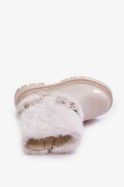 Outlet Boto Eko Skórzane Botki Dziewczęce Z Futerkiem I Klamrami Beżowe Cartemes Beżowy