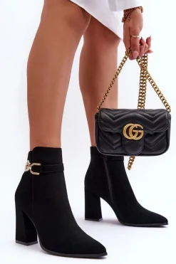 New Boto Eko Skórzane Botki Na Słupku Z Ozdobą Czarne Lymall Czarny