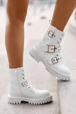 Botki Sznurowane|Czarne Botki>Boto Eko Skórzane Botki Workery Z Klamrami Białe Serizia