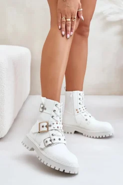 Botki Sznurowane|Czarne Botki>Boto Eko Skórzane Botki Workery Z Klamrami Białe Serizia