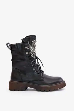 Damskie buty S.Barski Eko Skórzane Botki Workery Ze Zdobieniem Ocieplane D&A MR880-080 Czarne