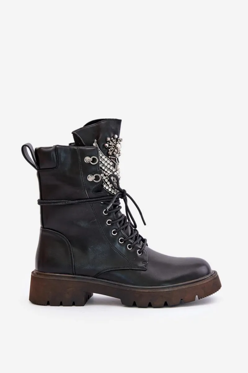 Damskie buty S.Barski Eko Skórzane Botki Workery Ze Zdobieniem Ocieplane D&A MR880-080 Czarne