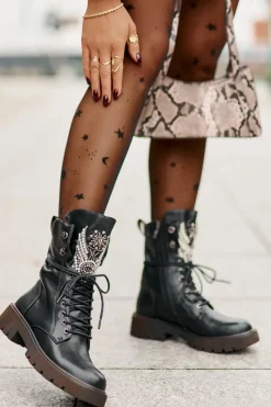 Damskie buty S.Barski Eko Skórzane Botki Workery Ze Zdobieniem Ocieplane D&A MR880-080 Czarne