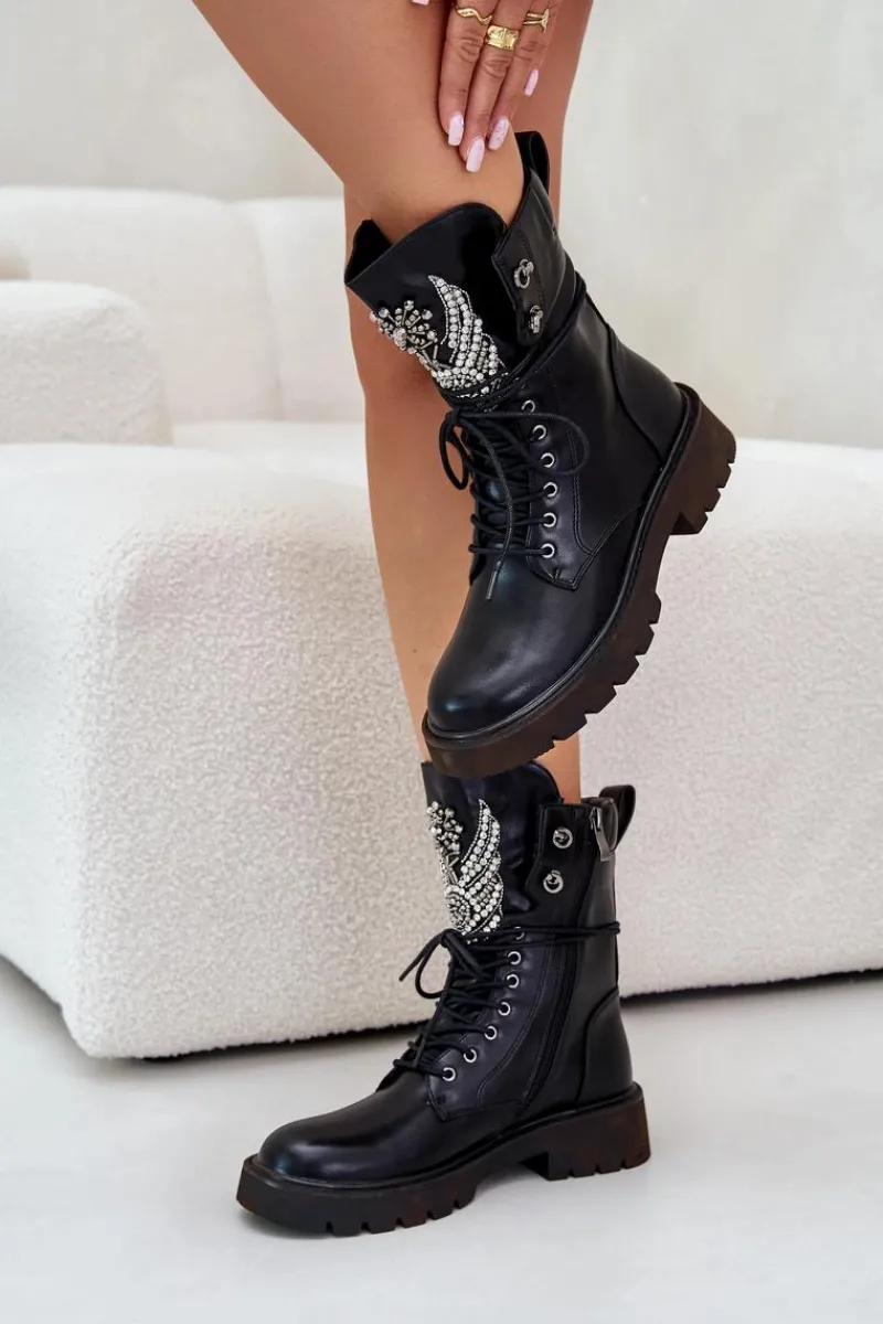 Damskie buty S.Barski Eko Skórzane Botki Workery Ze Zdobieniem Ocieplane D&A MR880-080 Czarne