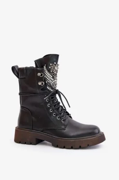 Damskie buty S.Barski Eko Skórzane Botki Workery Ze Zdobieniem Ocieplane D&A MR880-080 Czarne