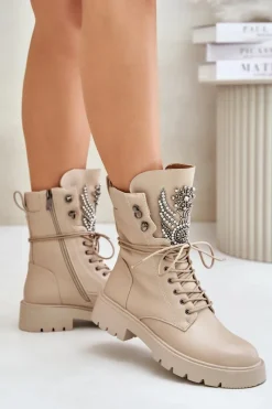 Best Eko Skórzane Botki Workery Ze Zdobieniem Ocieplane D&A MR880-080 Beżowe Damskie Botki Ocieplane|Damskie Trapery