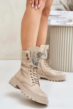 Best Eko Skórzane Botki Workery Ze Zdobieniem Ocieplane D&A MR880-080 Beżowe Damskie Botki Ocieplane|Damskie Trapery