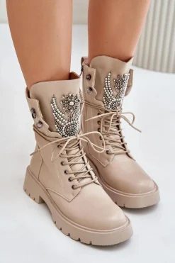 Best Eko Skórzane Botki Workery Ze Zdobieniem Ocieplane D&A MR880-080 Beżowe Damskie Botki Ocieplane|Damskie Trapery