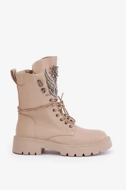 Best Eko Skórzane Botki Workery Ze Zdobieniem Ocieplane D&A MR880-080 Beżowe Damskie Botki Ocieplane|Damskie Trapery