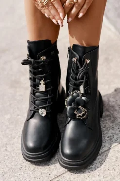 Discount Eko Skórzane Botki Workery Damskie Z Przypinkami Czarne Rianael Damskie Botki Sznurowane|Czarne Botki