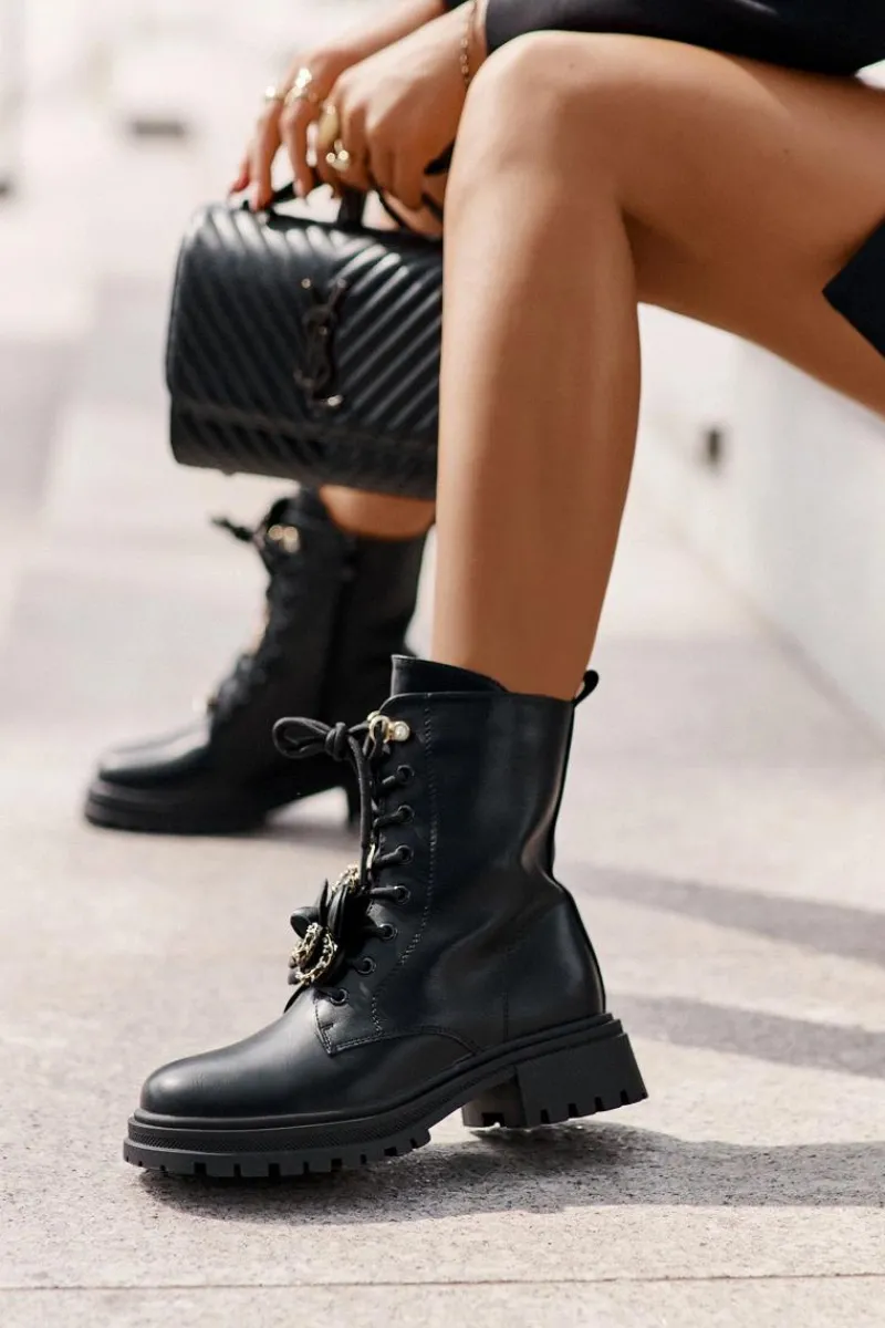 Discount Eko Skórzane Botki Workery Damskie Z Przypinkami Czarne Rianael Damskie Botki Sznurowane|Czarne Botki