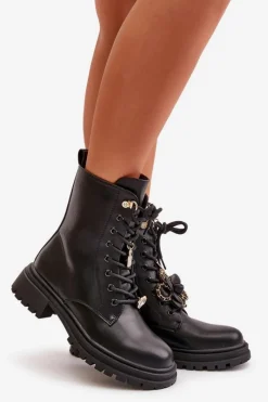 Discount Eko Skórzane Botki Workery Damskie Z Przypinkami Czarne Rianael Damskie Botki Sznurowane|Czarne Botki