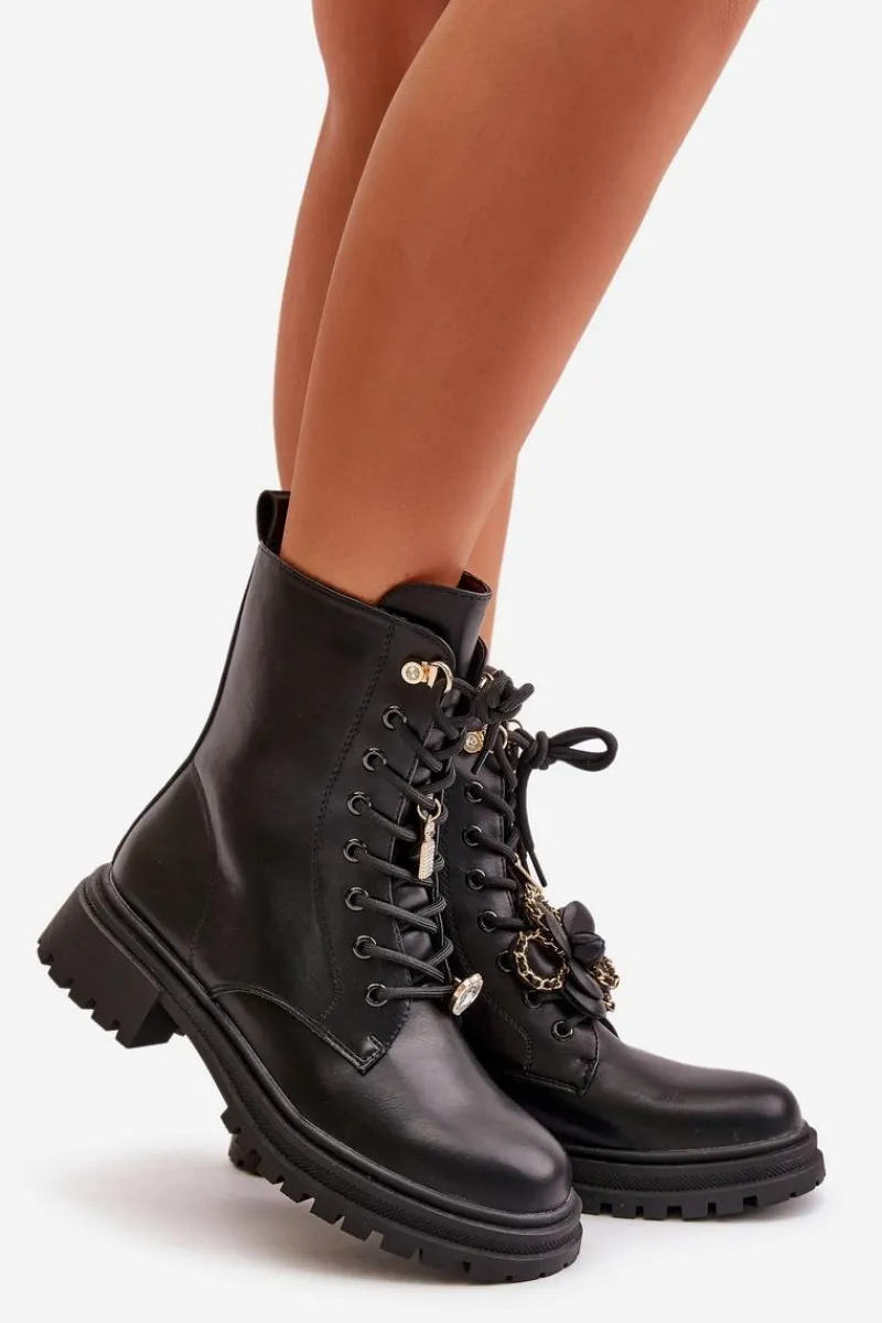 Discount Eko Skórzane Botki Workery Damskie Z Przypinkami Czarne Rianael Damskie Botki Sznurowane|Czarne Botki