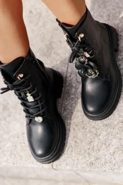 Discount Eko Skórzane Botki Workery Damskie Z Przypinkami Czarne Rianael Damskie Botki Sznurowane|Czarne Botki