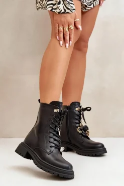 Discount Eko Skórzane Botki Workery Damskie Z Przypinkami Czarne Rianael Damskie Botki Sznurowane|Czarne Botki