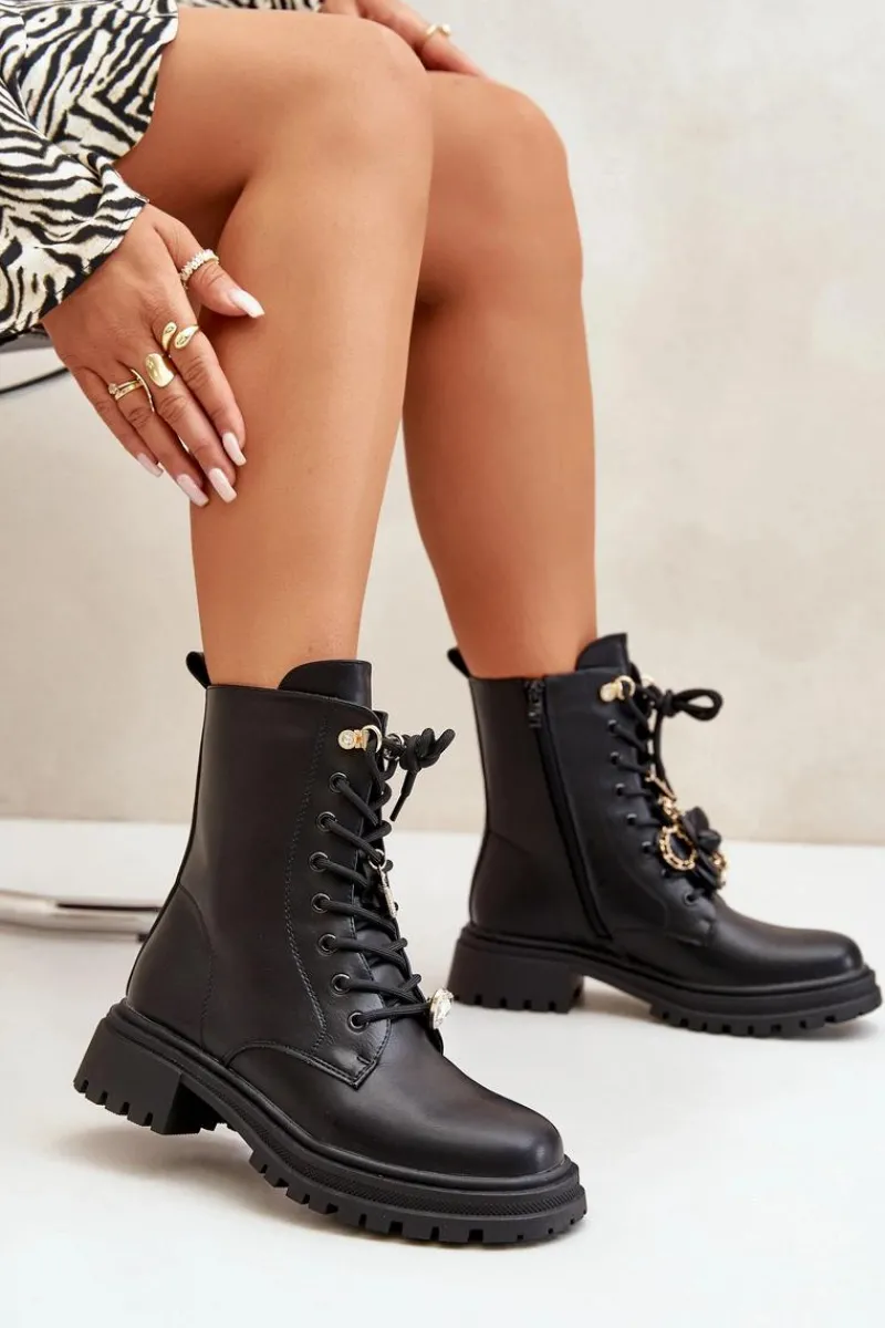 Discount Eko Skórzane Botki Workery Damskie Z Przypinkami Czarne Rianael Damskie Botki Sznurowane|Czarne Botki