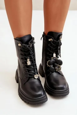 Discount Eko Skórzane Botki Workery Damskie Z Przypinkami Czarne Rianael Damskie Botki Sznurowane|Czarne Botki