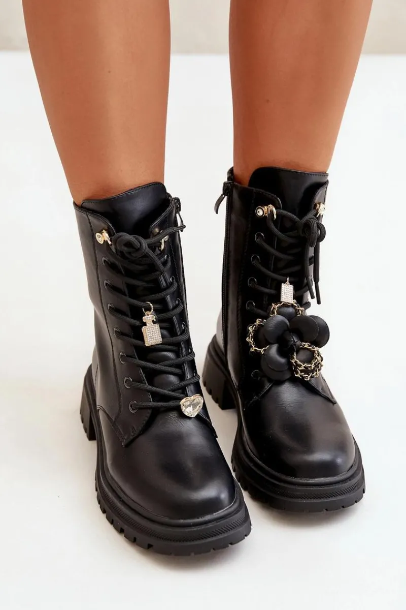 Discount Eko Skórzane Botki Workery Damskie Z Przypinkami Czarne Rianael Damskie Botki Sznurowane|Czarne Botki