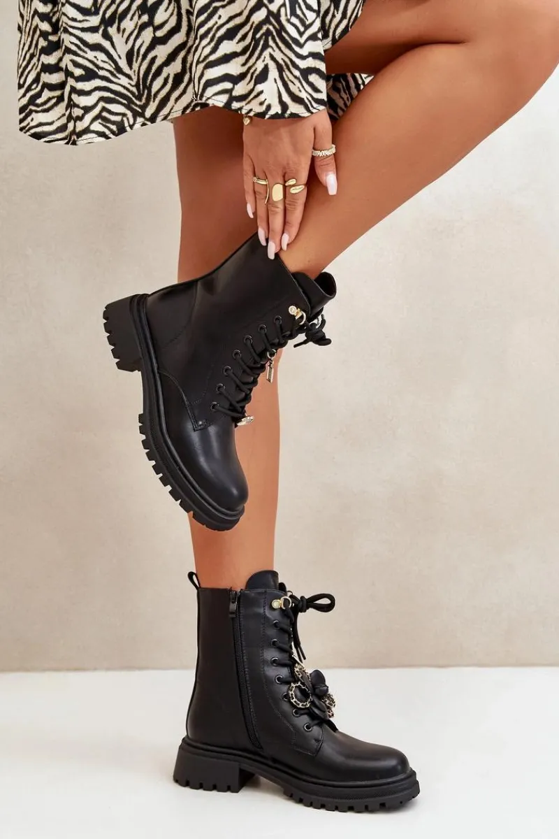 Discount Eko Skórzane Botki Workery Damskie Z Przypinkami Czarne Rianael Damskie Botki Sznurowane|Czarne Botki