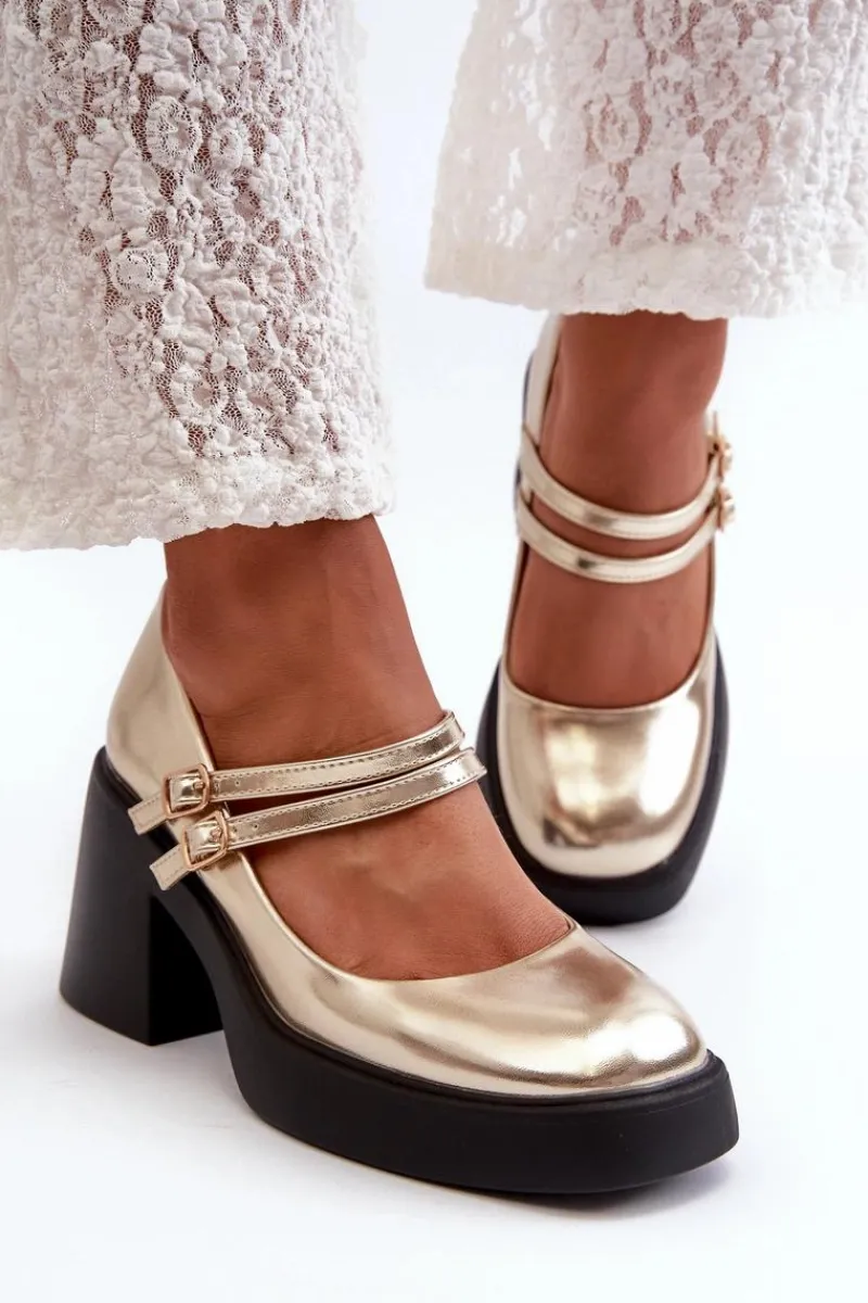 Czółenka Na Platformie|Czółenka Na Słupku>Boto Eko Skórzane Czółenka Na Masywnym Obcasie Złote Halmina Złoty