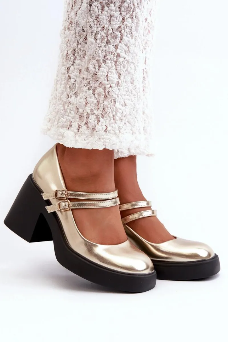 Czółenka Na Platformie|Czółenka Na Słupku>Boto Eko Skórzane Czółenka Na Masywnym Obcasie Złote Halmina Złoty