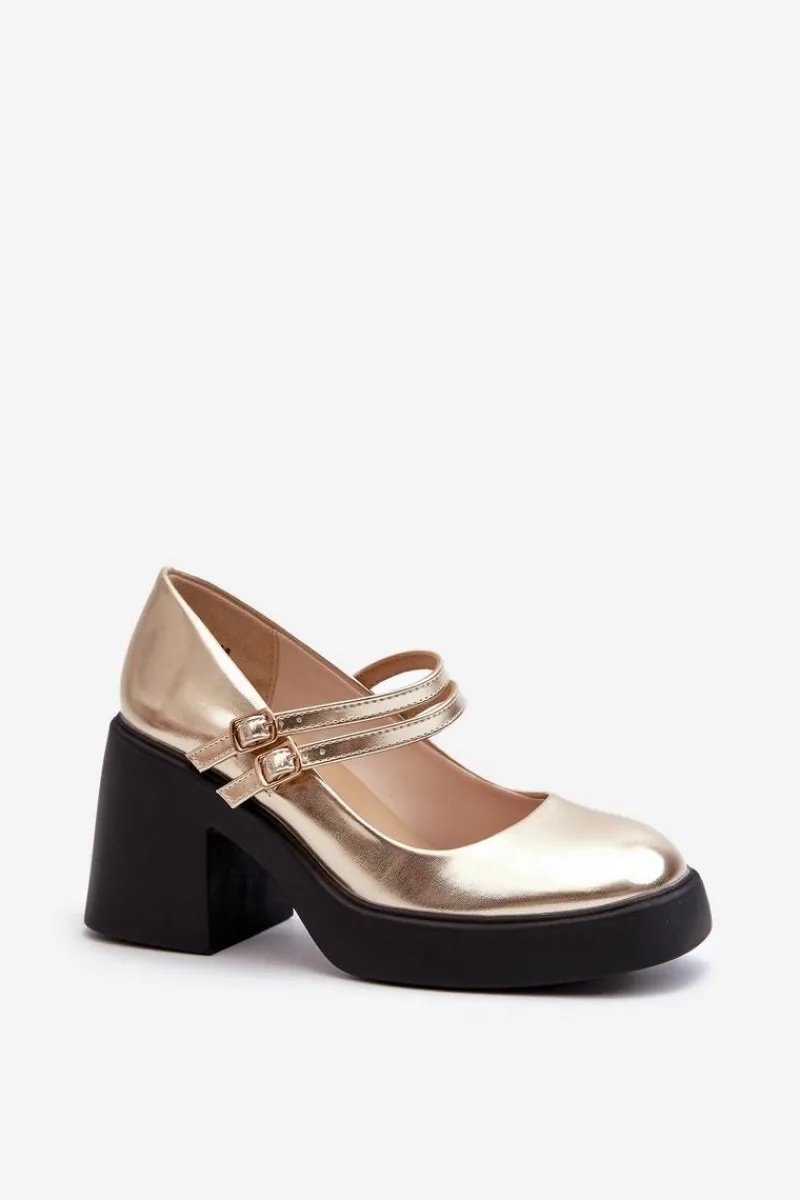 Czółenka Na Platformie|Czółenka Na Słupku>Boto Eko Skórzane Czółenka Na Masywnym Obcasie Złote Halmina Złoty