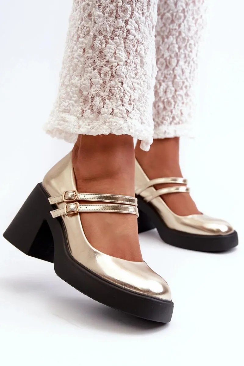 Czółenka Na Platformie|Czółenka Na Słupku>Boto Eko Skórzane Czółenka Na Masywnym Obcasie Złote Halmina Złoty