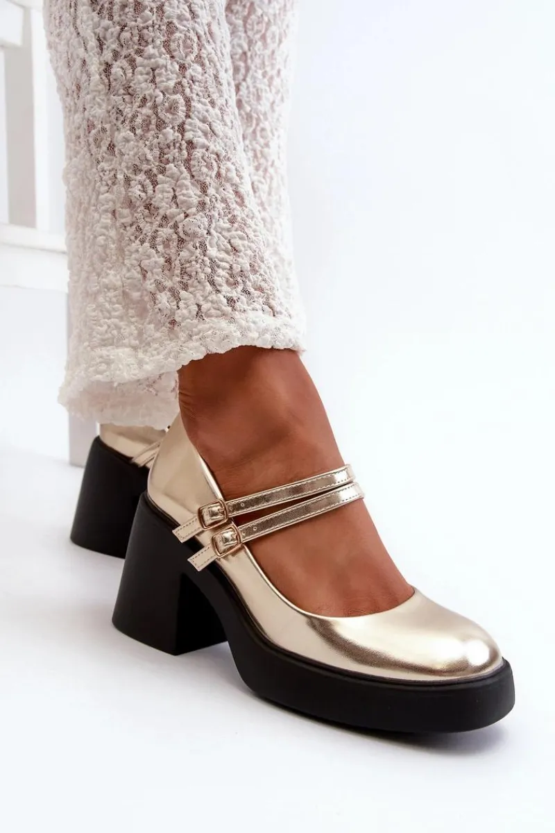 Czółenka Na Platformie|Czółenka Na Słupku>Boto Eko Skórzane Czółenka Na Masywnym Obcasie Złote Halmina Złoty