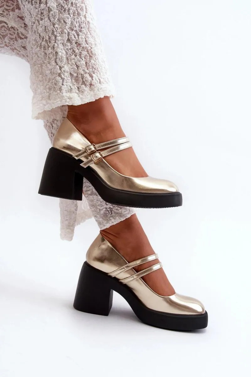 Czółenka Na Platformie|Czółenka Na Słupku>Boto Eko Skórzane Czółenka Na Masywnym Obcasie Złote Halmina Złoty
