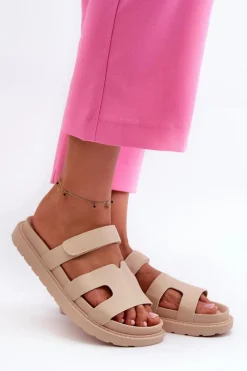 Klapki Na Platformie|Klapki Damskie Klasyczne>Boto Eko Skórzane Klapki Damskie Na Rzep Jasnobeżowe Silaka