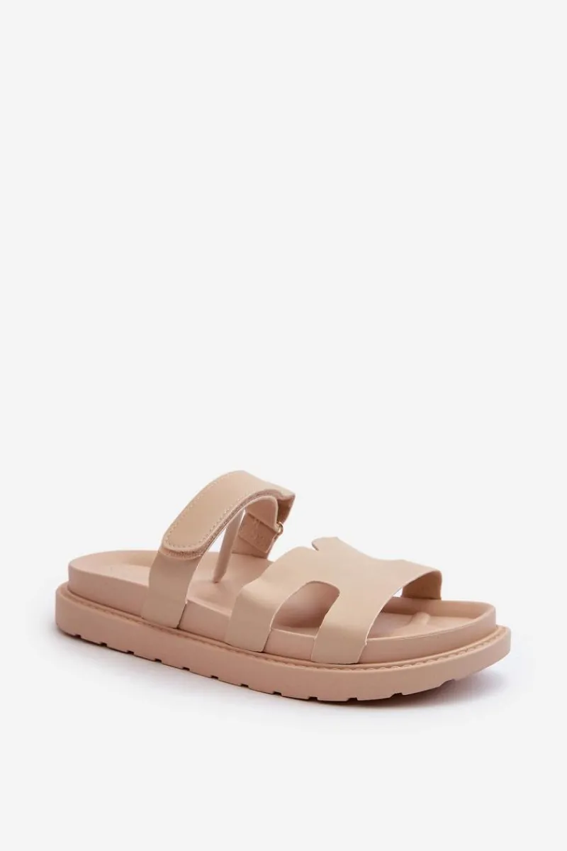 Klapki Na Platformie|Klapki Damskie Klasyczne>Boto Eko Skórzane Klapki Damskie Na Rzep Jasnobeżowe Silaka