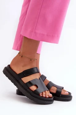 Hot Boto Eko Skórzane Klapki Damskie Na Rzep Czarne Silaka