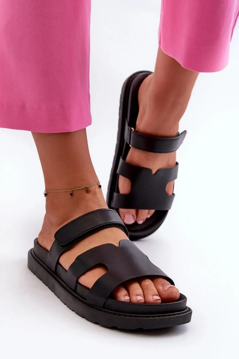 Hot Boto Eko Skórzane Klapki Damskie Na Rzep Czarne Silaka