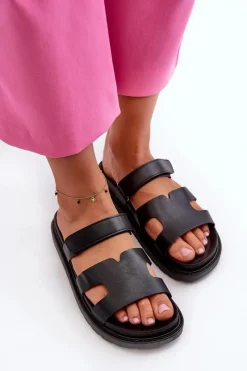 Hot Boto Eko Skórzane Klapki Damskie Na Rzep Czarne Silaka