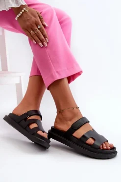 Hot Boto Eko Skórzane Klapki Damskie Na Rzep Czarne Silaka