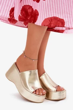 Klapki Na Koturnie|Klapki Na Platformie>Boto Eko Skórzane Klapki Damskie Na Platformie I Koturnie Złote Kisoffi